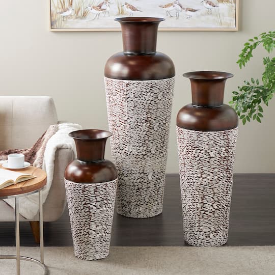 White & Brown Spotted Tapered Floor Metal Vase Set